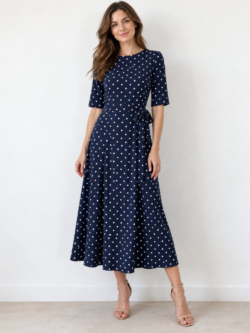 Anne Klein Dress Womens Sz 4 Navy Polka Dot Belted Midi Fit Flare Work Office